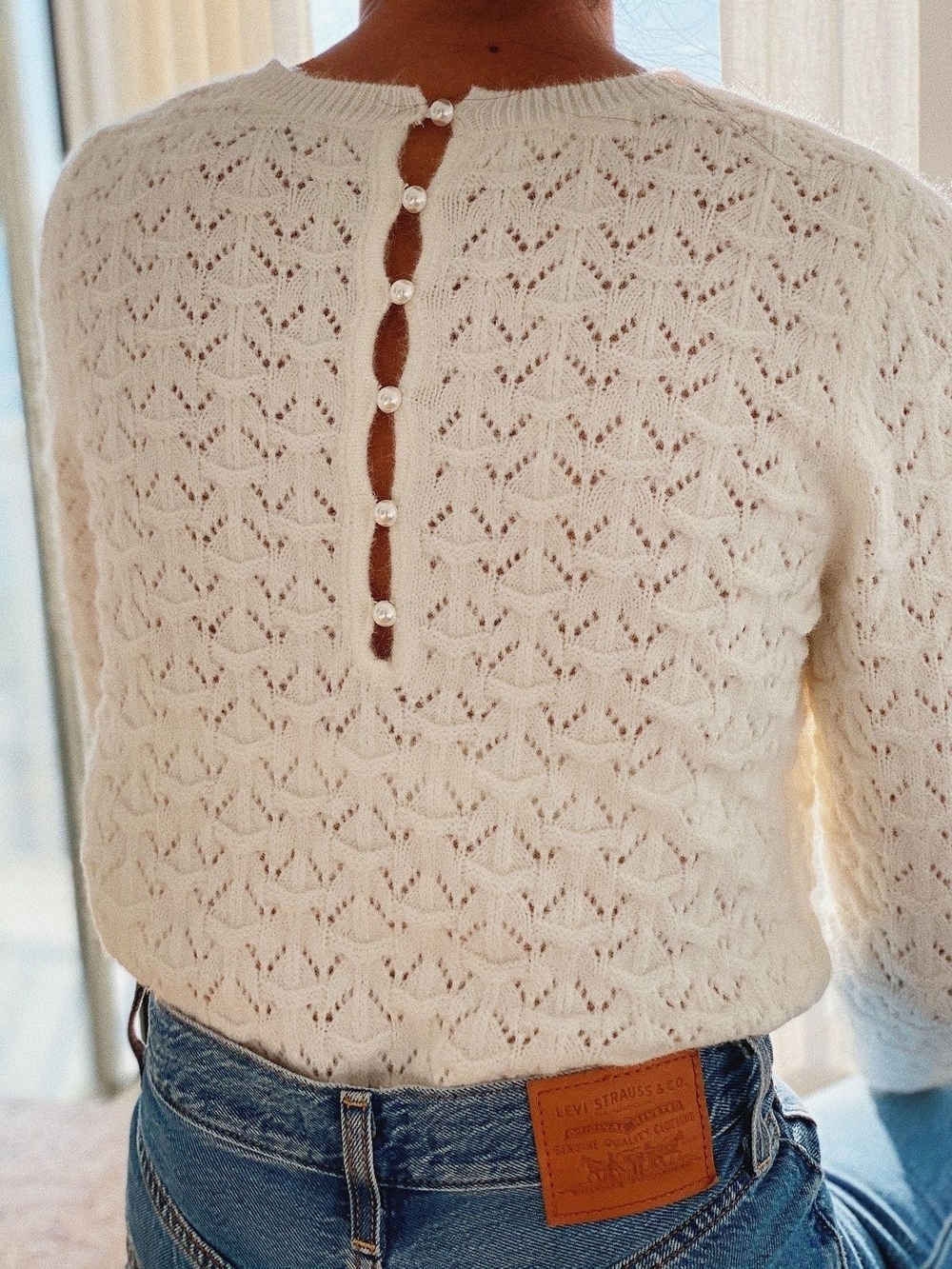 Pearl-Button Ivory Knit Top - Women's Elegant Sweater - Picture 1 of 5